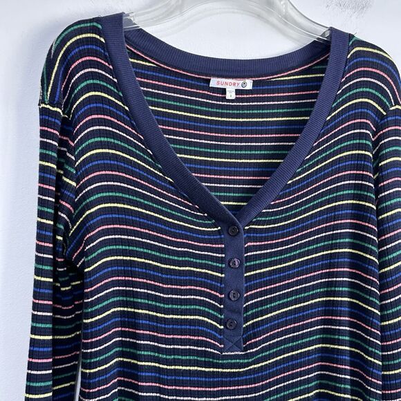 Sundry Striped Henley 3‎ Large Long Sleeve Blue Raw Hem Knit Casual Colorful Top - Picture 4 of 11